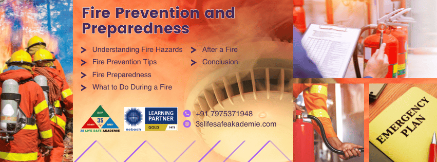 Graphic illustrating fire prevention and preparedness, featuring a fire extinguisher, safety signs, and a person in protective gear, symbolizing key measures for preventing and responding to fire hazards in the workplace.